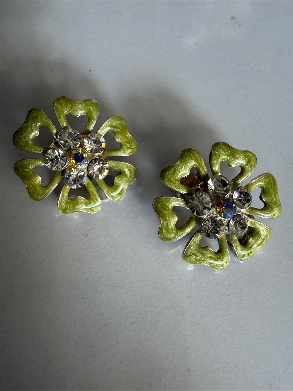 Vintage Green Enamel and Aurora Borealis Floral Style Clip On Earrings